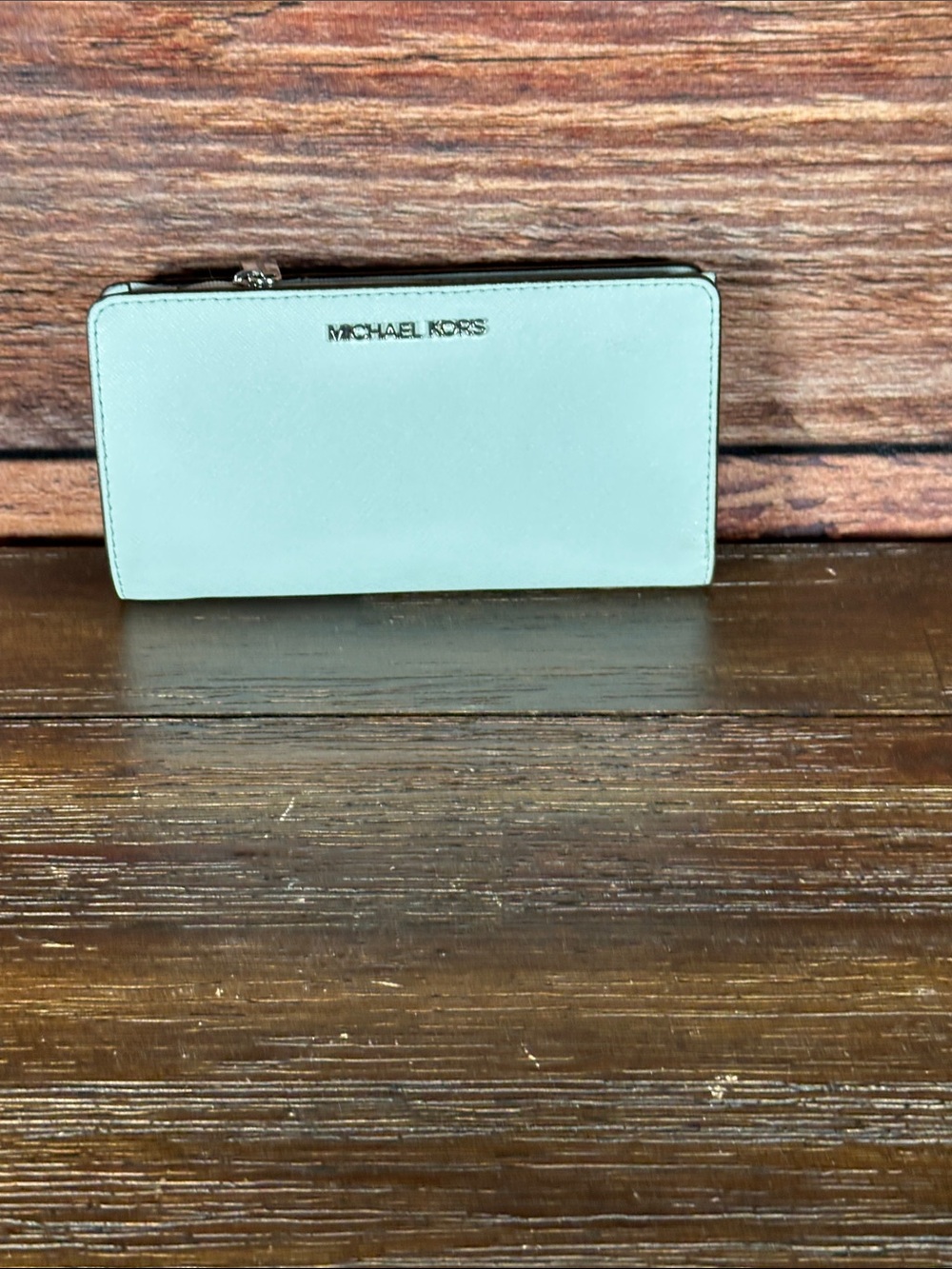 Michael Kors Mint Zip-Around Saffiano Wallet with Silver Logo